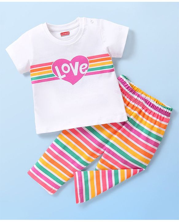 Babyhug Cotton Knit Half Sleeves Stripes & Heart Printed Night Suit - Multicolour