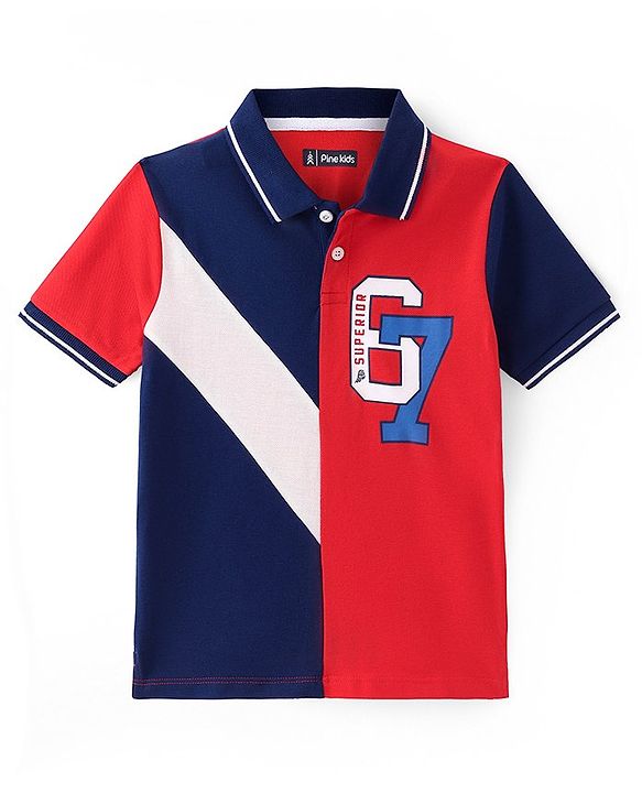 Pine Kids Cotton Knit Half Sleeves Polo T-Shirt Text Print - Multicolour