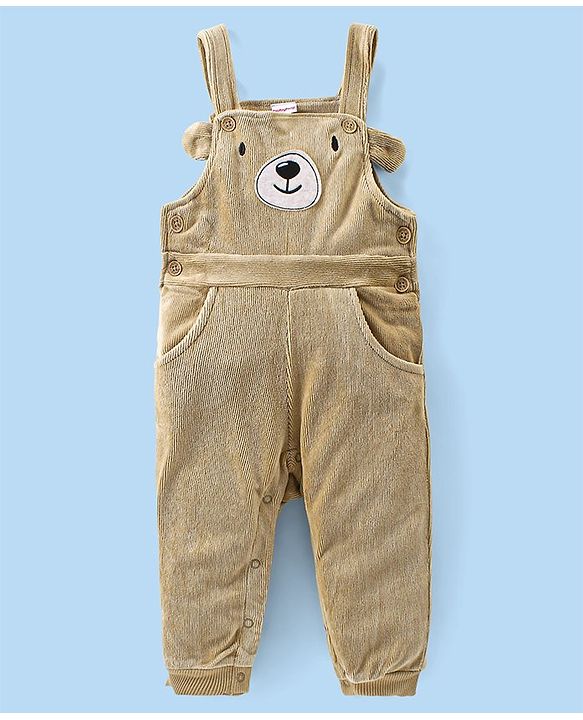 Babyhug Single Jersey Knit Dungaree With Full Sleeves T-Shirt Paw Print & Applique - White & Beige