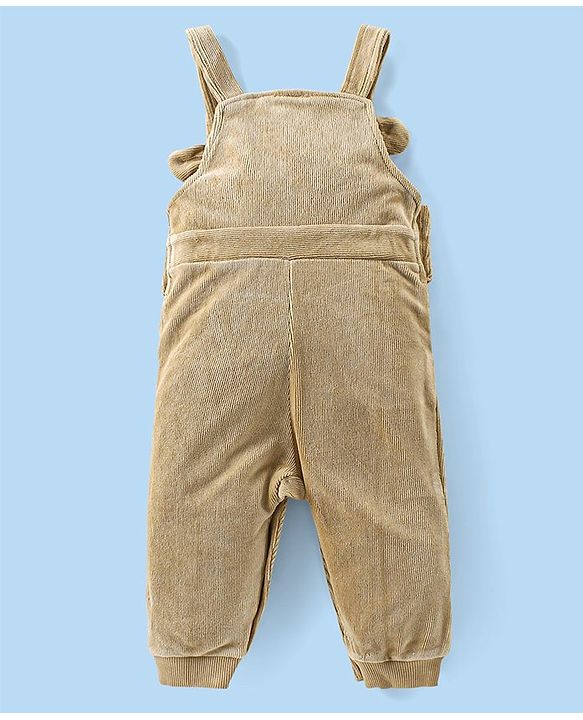 Babyhug Single Jersey Knit Dungaree With Full Sleeves T-Shirt Paw Print & Applique - White & Beige