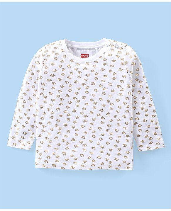 Babyhug Single Jersey Knit Dungaree With Full Sleeves T-Shirt Paw Print & Applique - White & Beige