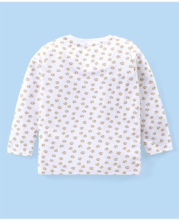 Babyhug Single Jersey Knit Dungaree With Full Sleeves T-Shirt Paw Print & Applique - White & Beige