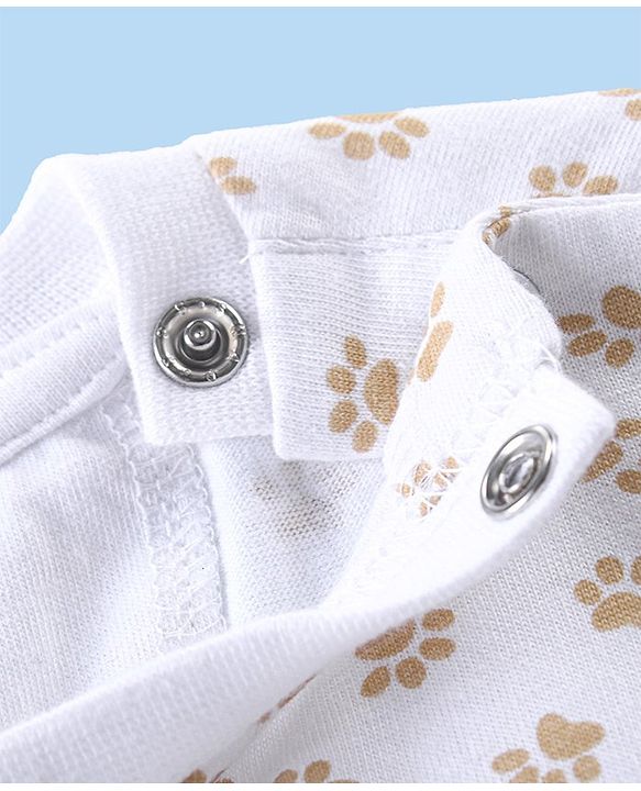Babyhug Single Jersey Knit Dungaree With Full Sleeves T-Shirt Paw Print & Applique - White & Beige