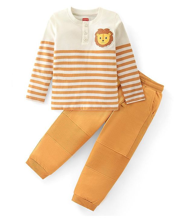 Babyhug Single Jersey Knit Full Sleeves Striped Henley T-Shirt & Lounge Pants Set With Lion Patch - Orange