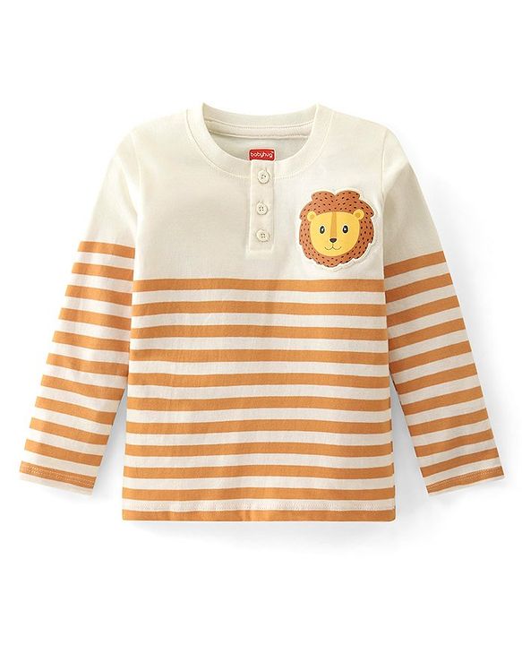 Babyhug Single Jersey Knit Full Sleeves Striped Henley T-Shirt & Lounge Pants Set With Lion Patch - Orange