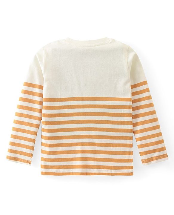 Babyhug Single Jersey Knit Full Sleeves Striped Henley T-Shirt & Lounge Pants Set With Lion Patch - Orange