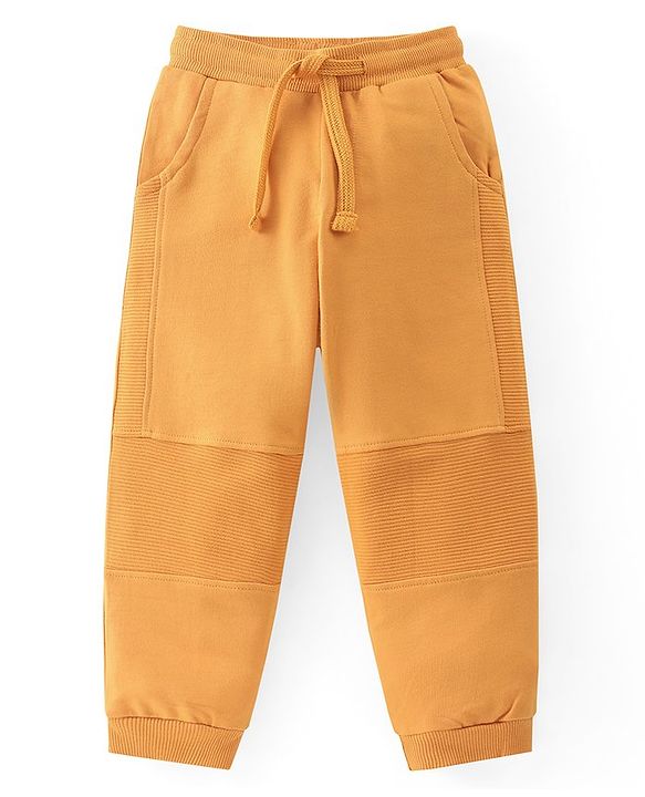 Babyhug Single Jersey Knit Full Sleeves Striped Henley T-Shirt & Lounge Pants Set With Lion Patch - Orange