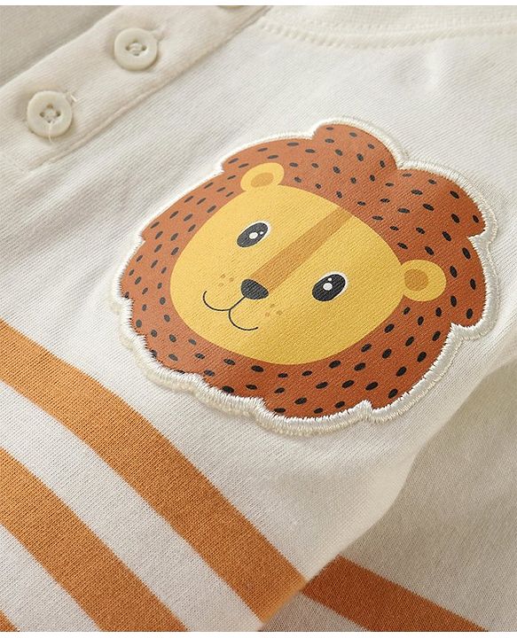 Babyhug Single Jersey Knit Full Sleeves Striped Henley T-Shirt & Lounge Pants Set With Lion Patch - Orange