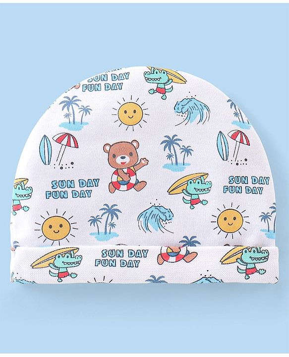 Babyhug 100% Cotton Cap Mittens & Booties with Beach Theme -White