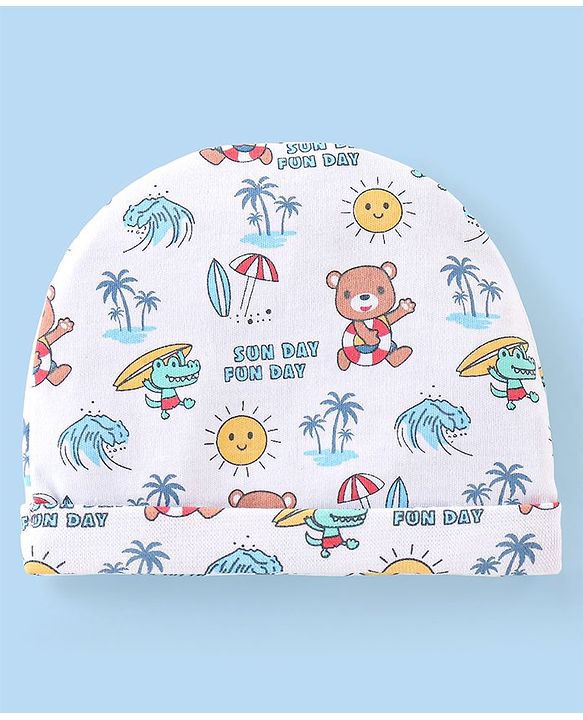 Babyhug 100% Cotton Cap Mittens & Booties with Beach Theme -White
