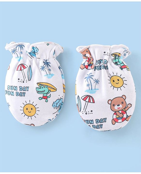 Babyhug 100% Cotton Cap Mittens & Booties with Beach Theme -White