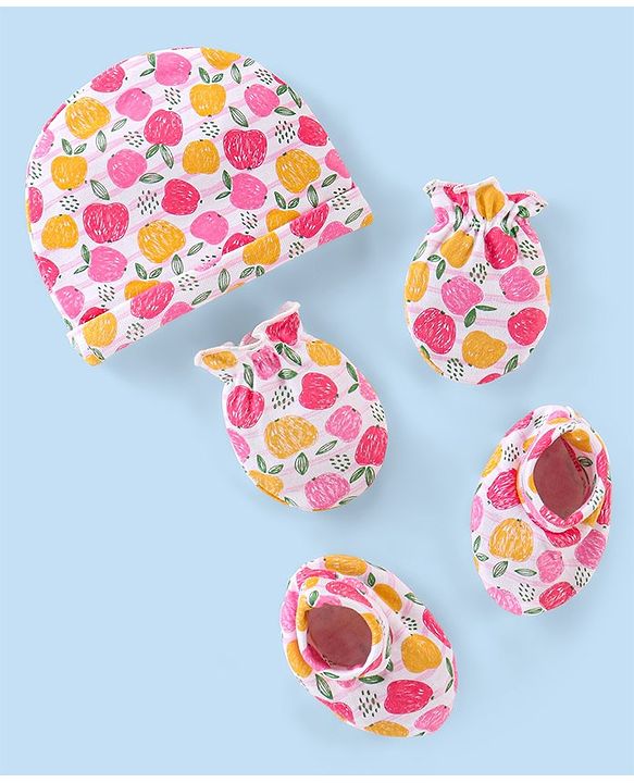 Babyhug 100% Cotton Cap Mittens & Booties with Apple Print- Multicolor