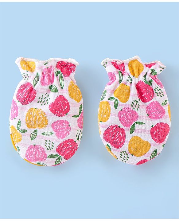 Babyhug 100% Cotton Cap Mittens & Booties with Apple Print- Multicolor