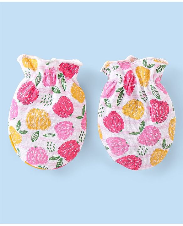 Babyhug 100% Cotton Cap Mittens & Booties with Apple Print- Multicolor