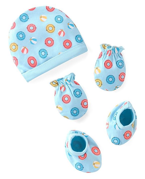 Babyhug 100% Cotton Cap Mittens & Booties with Beach Theme Print - Blue