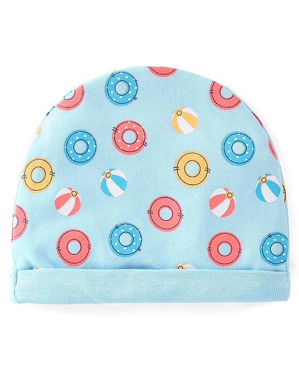 Babyhug 100% Cotton Cap Mittens & Booties with Beach Theme Print - Blue