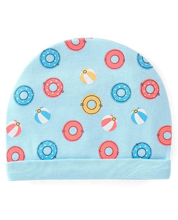 Babyhug 100% Cotton Cap Mittens & Booties with Beach Theme Print - Blue
