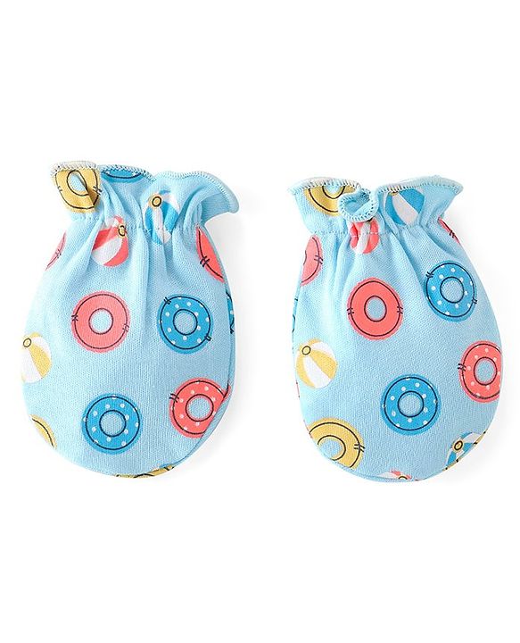 Babyhug 100% Cotton Cap Mittens & Booties with Beach Theme Print - Blue