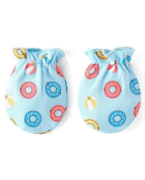Babyhug 100% Cotton Cap Mittens & Booties with Beach Theme Print - Blue