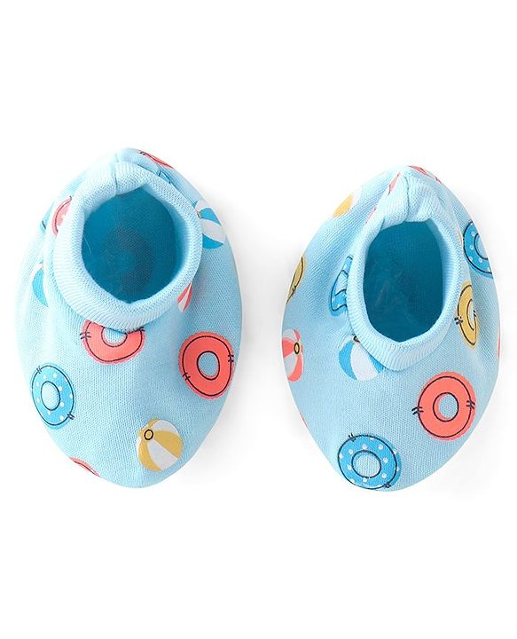 Babyhug 100% Cotton Cap Mittens & Booties with Beach Theme Print - Blue