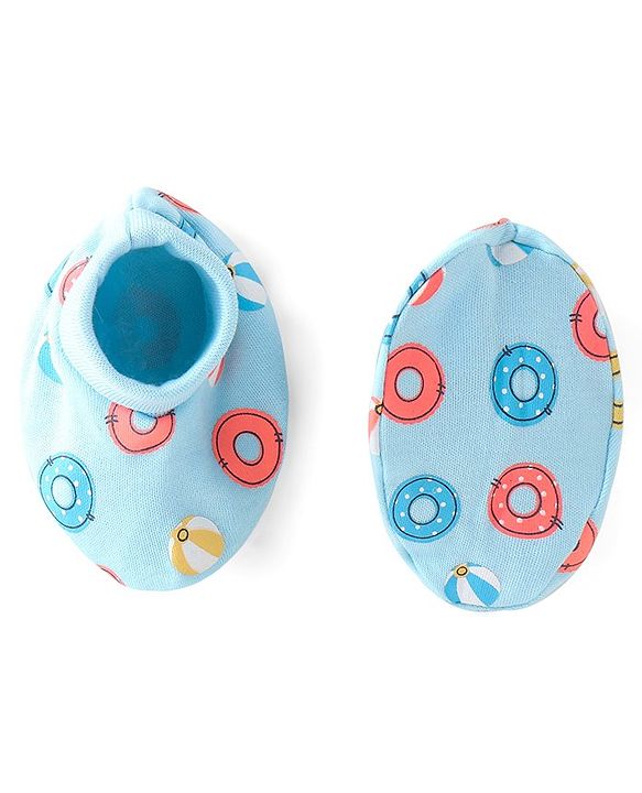 Babyhug 100% Cotton Cap Mittens & Booties with Beach Theme Print - Blue