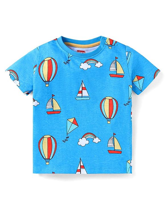 Babyhug Single Jersey Woven Dungaree and Half Sleeves T-Shirt Set with Boat Print & Embroidery - Blue