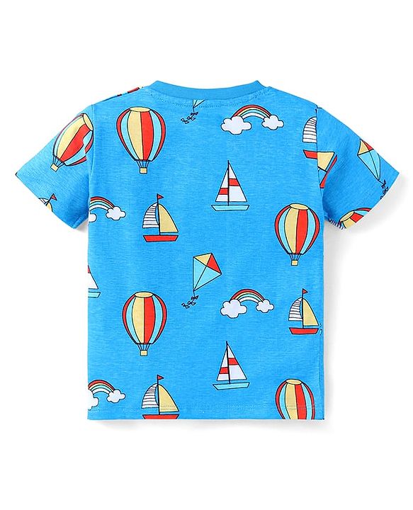 Babyhug Single Jersey Woven Dungaree and Half Sleeves T-Shirt Set with Boat Print & Embroidery - Blue