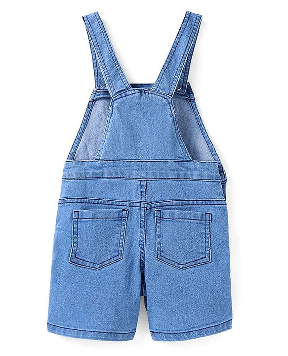 Babyhug Single Jersey Woven Dungaree and Half Sleeves T-Shirt Set with Boat Print & Embroidery - Blue
