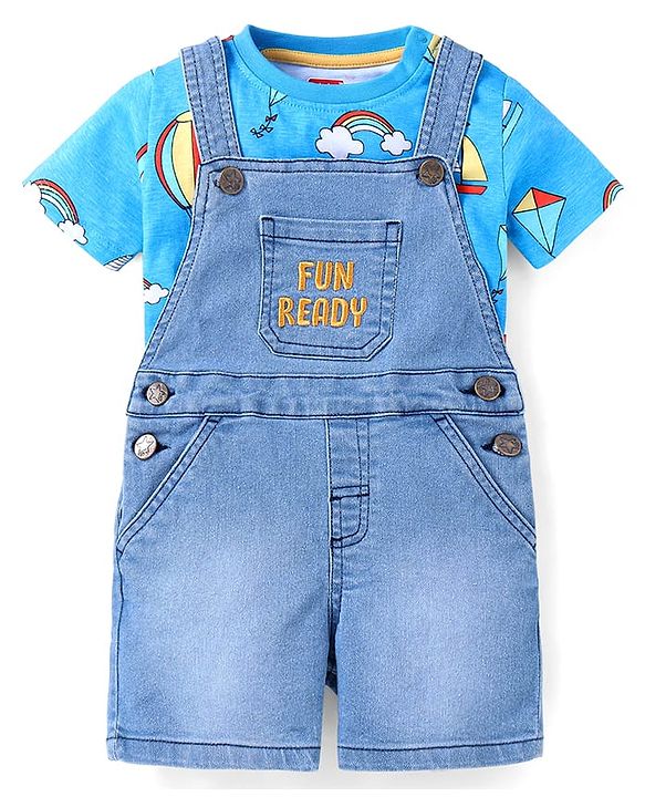 Babyhug Single Jersey Woven Dungaree and Half Sleeves T-Shirt Set with Boat Print & Embroidery - Blue