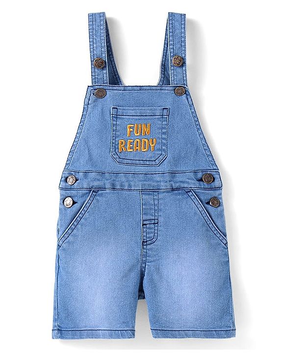 Babyhug Single Jersey Woven Dungaree and Half Sleeves T-Shirt Set with Boat Print & Embroidery - Blue