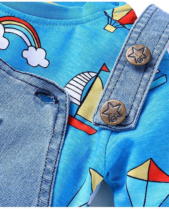 Babyhug Single Jersey Woven Dungaree and Half Sleeves T-Shirt Set with Boat Print & Embroidery - Blue