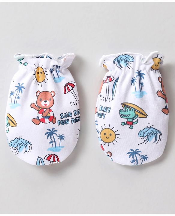 Babyhug 100% Cotton Mittens & Booties Beach Print - White