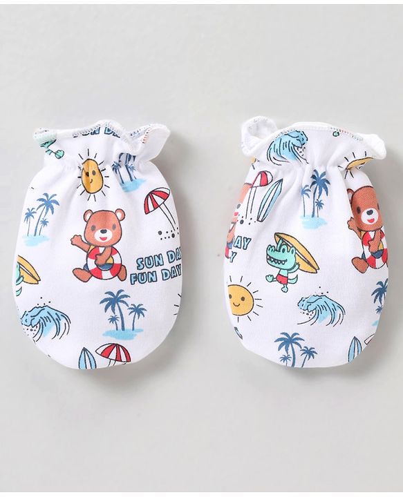 Babyhug 100% Cotton Mittens & Booties Beach Print - White