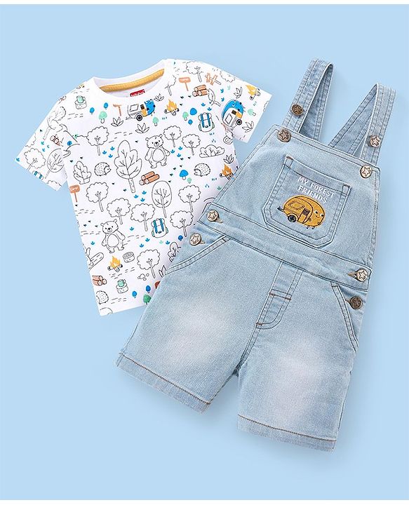 Babyhug Single Jersey Woven Dungaree and Half Sleeves T-Shirt Set with Bear Print & Embroidery - White & Sky Blue