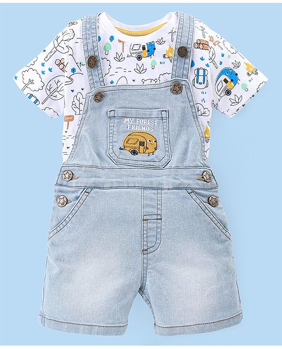 Babyhug Single Jersey Woven Dungaree and Half Sleeves T-Shirt Set with Bear Print & Embroidery - White & Sky Blue