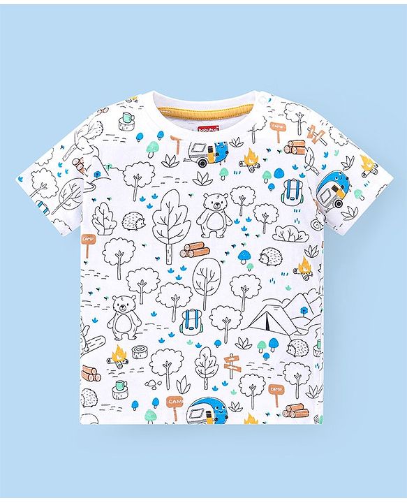 Babyhug Single Jersey Woven Dungaree and Half Sleeves T-Shirt Set with Bear Print & Embroidery - White & Sky Blue
