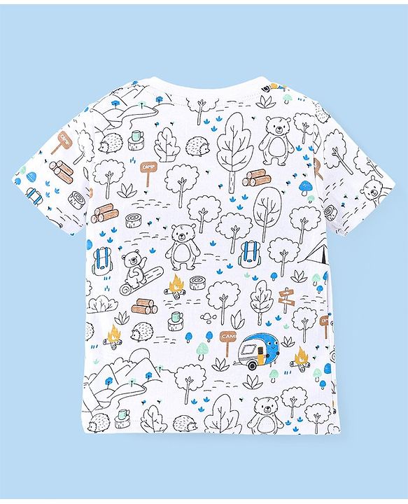 Babyhug Single Jersey Woven Dungaree and Half Sleeves T-Shirt Set with Bear Print & Embroidery - White & Sky Blue