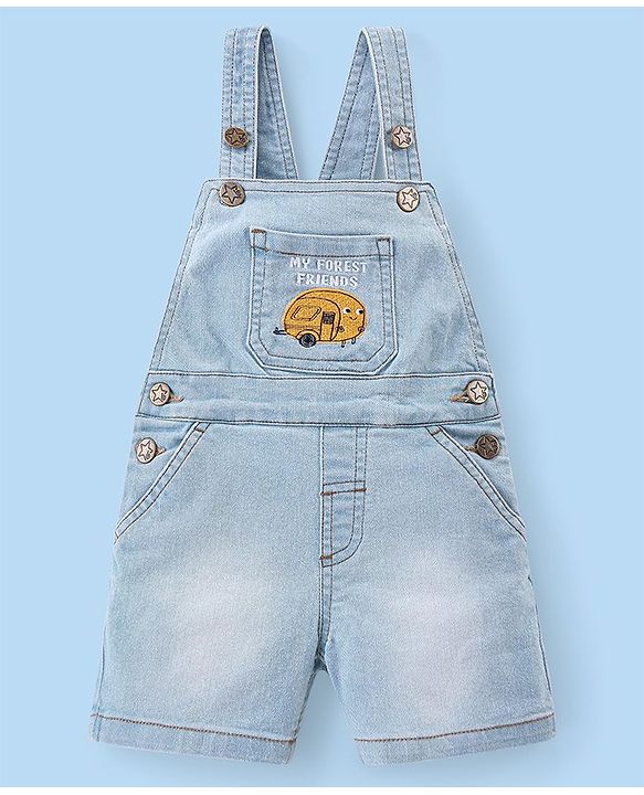 Babyhug Single Jersey Woven Dungaree and Half Sleeves T-Shirt Set with Bear Print & Embroidery - White & Sky Blue