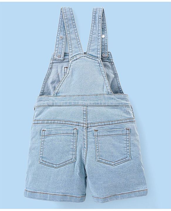 Babyhug Single Jersey Woven Dungaree and Half Sleeves T-Shirt Set with Bear Print & Embroidery - White & Sky Blue