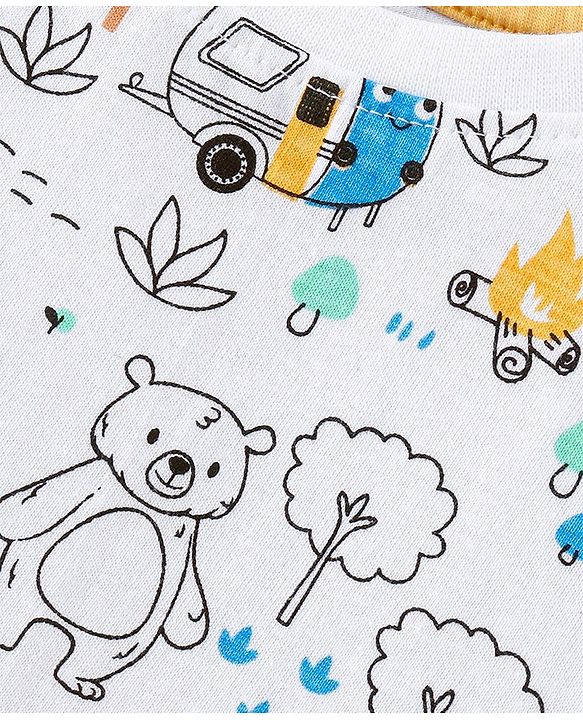 Babyhug Single Jersey Woven Dungaree and Half Sleeves T-Shirt Set with Bear Print & Embroidery - White & Sky Blue