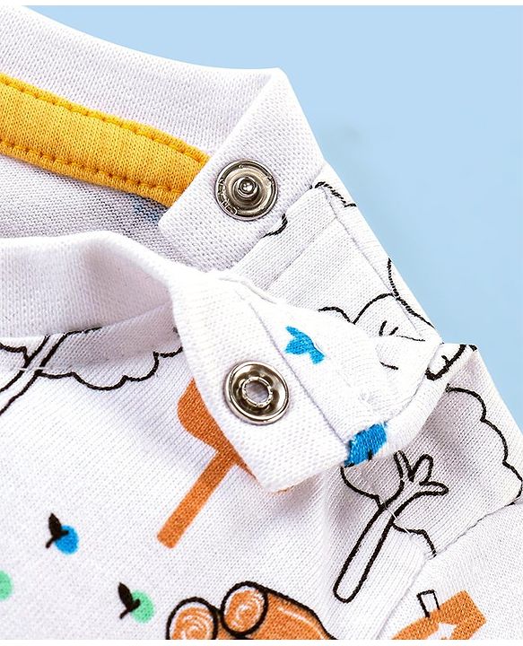 Babyhug Single Jersey Woven Dungaree and Half Sleeves T-Shirt Set with Bear Print & Embroidery - White & Sky Blue