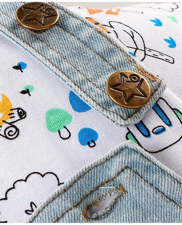 Babyhug Single Jersey Woven Dungaree and Half Sleeves T-Shirt Set with Bear Print & Embroidery - White & Sky Blue