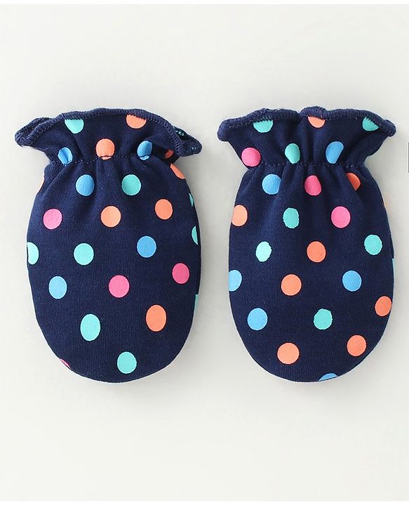 Babyhug 100% Cotton Mittens & Booties Polka Dots Print - Navy Blue