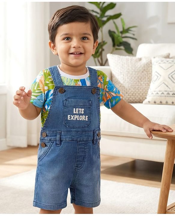 Babyhug Single Jersey Knit Half Sleeves Tropical Printed T-Shirt & Dungaree Set - Navy Blue & Green