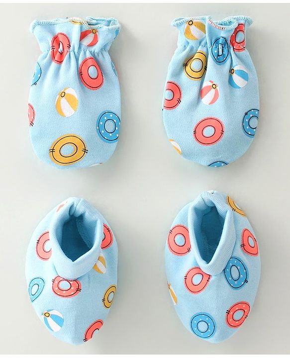 Babyhug 100% Cotton Mittens & Booties Water Rings Print - Blue