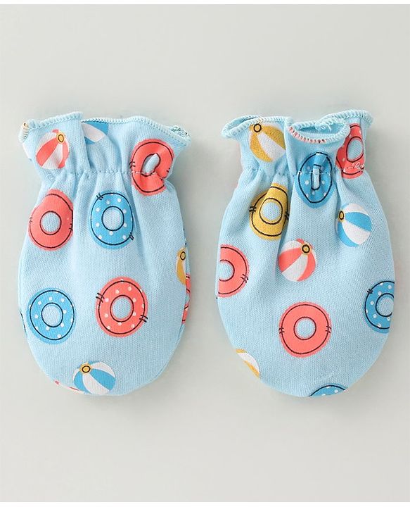 Babyhug 100% Cotton Mittens & Booties Water Rings Print - Blue