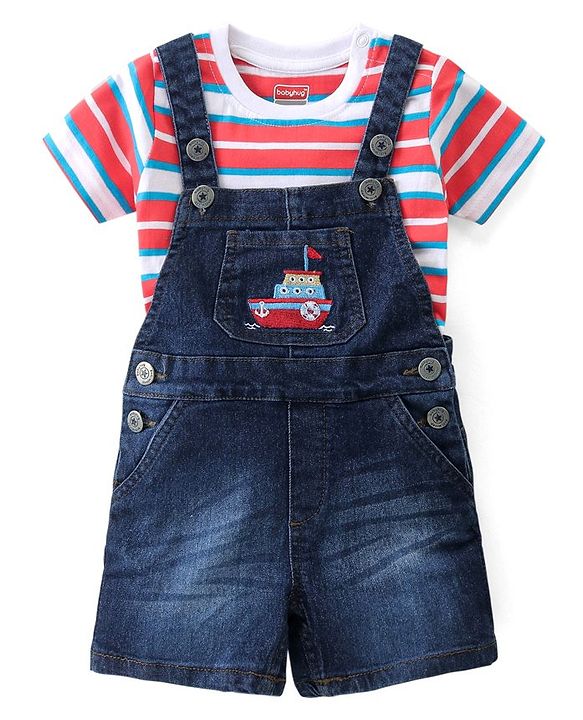 Babyhug Single Jersey Woven Dungaree with Half Sleeves Striped T-Shirt Boat Embroidery - Navy Blue