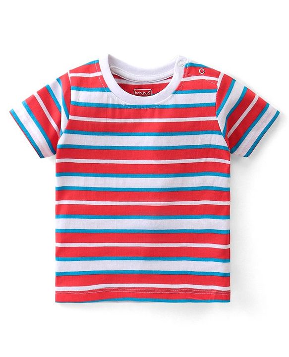 Babyhug Single Jersey Woven Dungaree with Half Sleeves Striped T-Shirt Boat Embroidery - Navy Blue