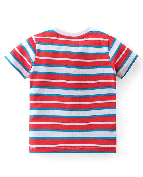 Babyhug Single Jersey Woven Dungaree with Half Sleeves Striped T-Shirt Boat Embroidery - Navy Blue