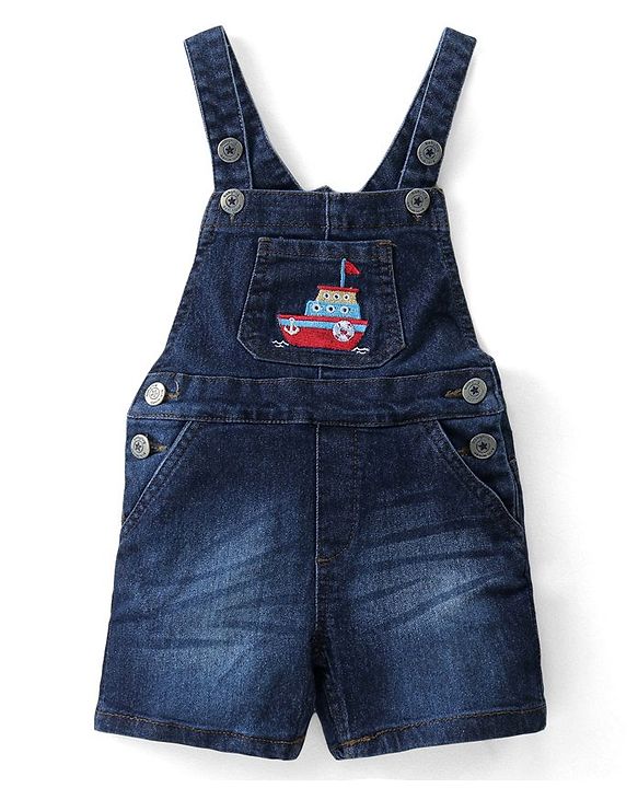 Babyhug Single Jersey Woven Dungaree with Half Sleeves Striped T-Shirt Boat Embroidery - Navy Blue